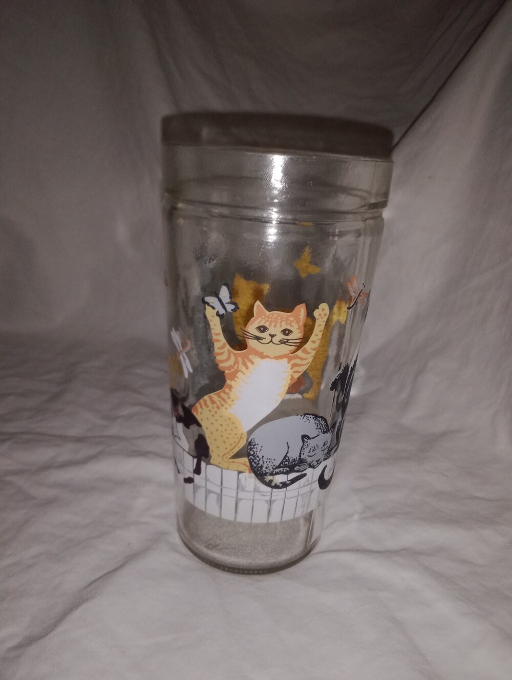 Vintage Anchor Hocking Cats Butterflies Drinking Tumbler Glass 6" Tall